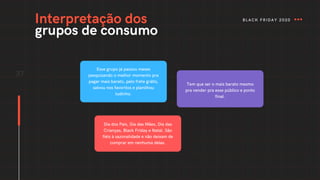 37
Esse grupo já passou meses
pesquisando o melhor momento pra
pagar mais barato, pelo frete grátis,
salvou nos favoritos e planilhou
tudinho.
Tem que ser o mais barato mesmo
pra vender pra esse público e ponto
final.
Dia dos Pais, Dia das Mães, Dia das
Crianças, Black Friday e Natal. São
fiéis à sazonalidade e não deixam de
comprar em nenhuma delas.
Interpretação dos
grupos de consumo
BLACK FRIDAY 2020
 
