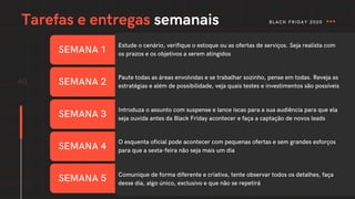 40
SEMANA 1
SEMANA 2
SEMANA 3
SEMANA 4
SEMANA 5
Tarefas e entregas semanais
Estude o cenário, verifique o estoque ou as ofertas de serviços. Seja realista com
os prazos e os objetivos a serem atingidos
Paute todas as áreas envolvidas e se trabalhar sozinho, pense em todas. Reveja as
estratégias e além de possibilidade, veja quais testes e investimentos são possíveis
Introduza o assunto com suspense e lance iscas para a sua audiência para que ela
seja ouvida antes da Black Friday acontecer e faça a captação de novos leads
O esquenta oficial pode acontecer com pequenas ofertas e sem grandes esforços
para que a sexta-feira não seja mais um dia
Comunique de forma diferente e criativa, tente observar todos os detalhes, faça
desse dia, algo único, exclusivo e que não se repetirá
BLACK FRIDAY 2020
 