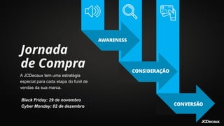 A JCDecaux tem uma estratégia
especial para cada etapa do funil de
vendas da sua marca.
Black Friday: 29 de novembro
Cyber Monday: 02 de dezembro
 