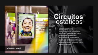 Estrategicamente
posicionados em locais de
alto fluxo na estação, como
nos túneis de entrada,
mezaninos e plataformas,
os ativos estáticos entregam
alta cobertura e alcance para
as campanhas.
Circuito Mupi
 