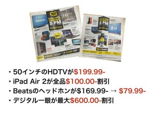 ・50インチのHDTVが$199.99- 
・iPad Air 2が全品$100.00-割引 
・Beatsのヘッドホンが$169.99- → $79.99- 
・デジタル一眼が最大$600.00-割引 
 