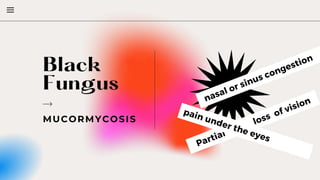 MUCORMYCOSIS
Black
Fungus
Partial
loss of vision
pain under the eyes
nasal or sinus congestion
 