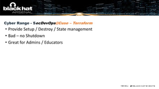 Cyber Range - SecDevOps@Cuse – Terraform
• Provide Setup / Destroy / State management
• Bad – no Shutdown
• Great for Admins / Educators
 