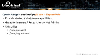 Cyber Range - SecDevOps@Cuse – VagrantFile
• Provide startup / shutdown capabilities
• Great for learners / Researchers – Not Admins
• YAML files
• ./yaml/aws.yaml
• ./yaml/vagrant.yaml
 