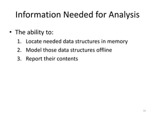 Information Needed for Analysis
• The ability to:
  1. Locate needed data structures in memory
  2. Model those data structures offline
  3. Report their contents




                                               10
 