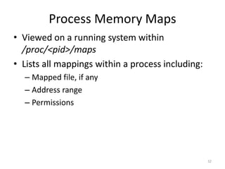 Process Memory Maps
• Viewed on a running system within
  /proc/<pid>/maps
• Lists all mappings within a process including:
  – Mapped file, if any
  – Address range
  – Permissions




                                                   32
 
