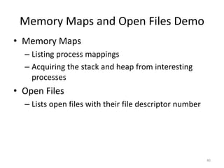 Memory Maps and Open Files Demo
• Memory Maps
  – Listing process mappings
  – Acquiring the stack and heap from interesting
    processes
• Open Files
  – Lists open files with their file descriptor number




                                                         40
 