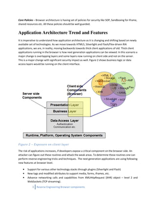 Core Policies – Browser architecture is having set of policies for security like SOP, Sandboxing for iframe,
shared resources etc. All these policies should be well guarded.


Application Architecture Trend and Features
It is imperative to understand how application architecture as it is changing and shifting based on newly
available set of technologies. As we move towards HTML5, Silverlight and Flash/Flex-driven RIA
applications, we are, in reality, moving backwards towards thick client applications of old. Thick client
applications running in the browser is how next generation applications can be viewed. In this scenario a
major change is overlapping layers and some layers now running on client side and not on the server.
This is a major change with significant security impact as well. Figure 2 shows business logic or data
access layers would be running on the client interface.




Figure 2 – Exposure on client layer

The risk of applications increases, if developers expose a critical component on the browser side. An
attacker can figure out these routines and attack the weak areas. To determine these routines one can
perform reverse engineering tricks and techniques. The next generation applications are using following
new features at browser level.

    •   Support for various other technology stacks through plugins (Silverlight and Flash)
    •   New tags and modified attributes to support media, forms, iframes, etc.
    •   Advance networking calls and capabilities from XMLHttpRequest (XHR) object – level 2 and
        WebSockets (TCP streaming).
            3   Reverse Engineering Browser components
 