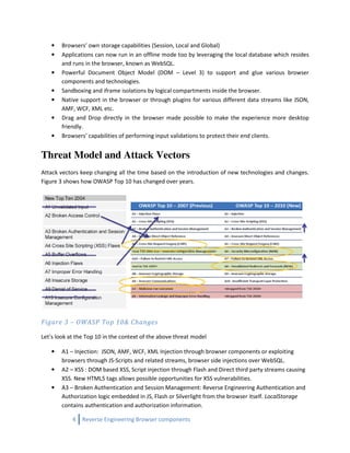 •   Browsers’ own storage capabilities (Session, Local and Global)
    •   Applications can now run in an offline mode too by leveraging the local database which resides
        and runs in the browser, known as WebSQL.
    •   Powerful Document Object Model (DOM – Level 3) to support and glue various browser
        components and technologies.
    •   Sandboxing and iframe isolations by logical compartments inside the browser.
    •   Native support in the browser or through plugins for various different data streams like JSON,
        AMF, WCF, XML etc.
    •   Drag and Drop directly in the browser made possible to make the experience more desktop
        friendly.
    •   Browsers’ capabilities of performing input validations to protect their end clients.


Threat Model and Attack Vectors
Attack vectors keep changing all the time based on the introduction of new technologies and changes.
Figure 3 shows how OWASP Top 10 has changed over years.




Figure 3 – OWASP Top 10& Changes

Let’s look at the Top 10 in the context of the above threat model

    •   A1 – Injection: JSON, AMF, WCF, XML Injection through browser components or exploiting
        browsers through JS-Scripts and related streams, browser side injections over WebSQL.
    •   A2 – XSS : DOM based XSS, Script injection through Flash and Direct third party streams causing
        XSS. New HTML5 tags allows possible opportunities for XSS vulnerabilities.
    •   A3 – Broken Authentication and Session Management: Reverse Engineering Authentication and
        Authorization logic embedded in JS, Flash or Silverlight from the browser itself. LocalStorage
        contains authentication and authorization information.

            4   Reverse Engineering Browser components
 
