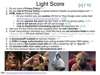 Light Score
1. Do you have a Privacy Policy? +1
2. Do you link to Privacy Policy on global footer(or header) try.powermapper.com +1
3. HTML links on Privacy Policy:
• Do you mention you use cookies OR link to “How Google uses cookie data“
www.google.com/policies/privacy/partners/ +0.25
• Do you mention the word “Do Not Track” or DNT on privacy policy +0.25
• Link to GA opt-out plugin OR GA opt-out page +0.25
• Link to DoubleClick remarketing opt-out OR Adchoices link +0.25
4. Has your Privacy Policy has been updated within the last 12months +1
5. If your using session recording (e.g. ClickTale) have you set sensitive fields to either
type=password OR have relevant class: <input id="CreditCardPin" class="tracking-
sensitive ClickTaleSensitive -metrika-nokeys“type="text"> +1
6. Is AnonymiseIP enabled for German Visitors +1
7. Is GTM`s 2 stage authentication login setting enabled OR similar TMS setting +1
8. Do you have a GA custom email alert for URLs containing “@” or “@gmail” +1
9. GA exclude traffic from robot setting is enabled +1
10.You have actioned atleast one GA heathcheck alert +1
Ref: www.google.com/analytics/terms/us.html
[n] / 10
 