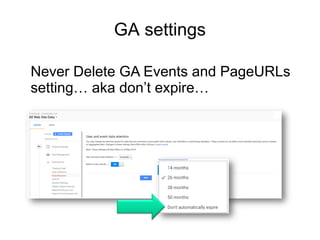 GA settings
Never Delete GA Events and PageURLs
setting… aka don’t expire…
 