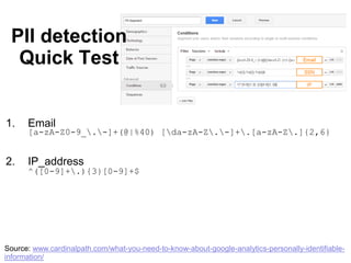 PII detection
Quick Test
1. Email
[a-zA-Z0-9_.-]+(@|%40) [da-zA-Z.-]+.[a-zA-Z.]{2,6}
2. IP_address
^([0-9]+.){3}[0-9]+$
Source: www.cardinalpath.com/what-you-need-to-know-about-google-analytics-personally-identifiable-
information/
 