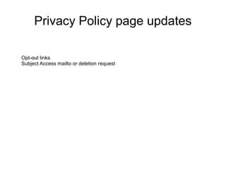 Privacy Policy page updates
Opt-out links
Subject Access mailto or deletion request
 
