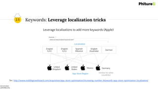 @moritzdaan
@ASOMonthly
Keywords: Leverage localization tricks
Src: http://www.mobilegrowthstack.com/acquisition/app-store-optimization/increasing-number-keywords-app-store-optimization-localization/
Leverage localizations to add more keywords (Apple)
2.5
 