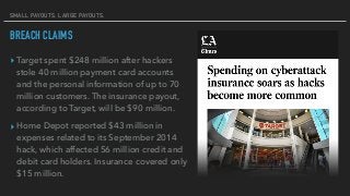 LOTS OF INSURERS GETTING INTO THE BUSINESS
BREACH CLAIMS
▸ “Anthem has $150 million to $200
million in cyber coverage, inc...