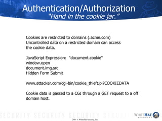 Authentication/Authorization  “Hand in the cookie jar.” <ul><li>Cookies are restricted to domains (.acme.com) </li></ul><u...