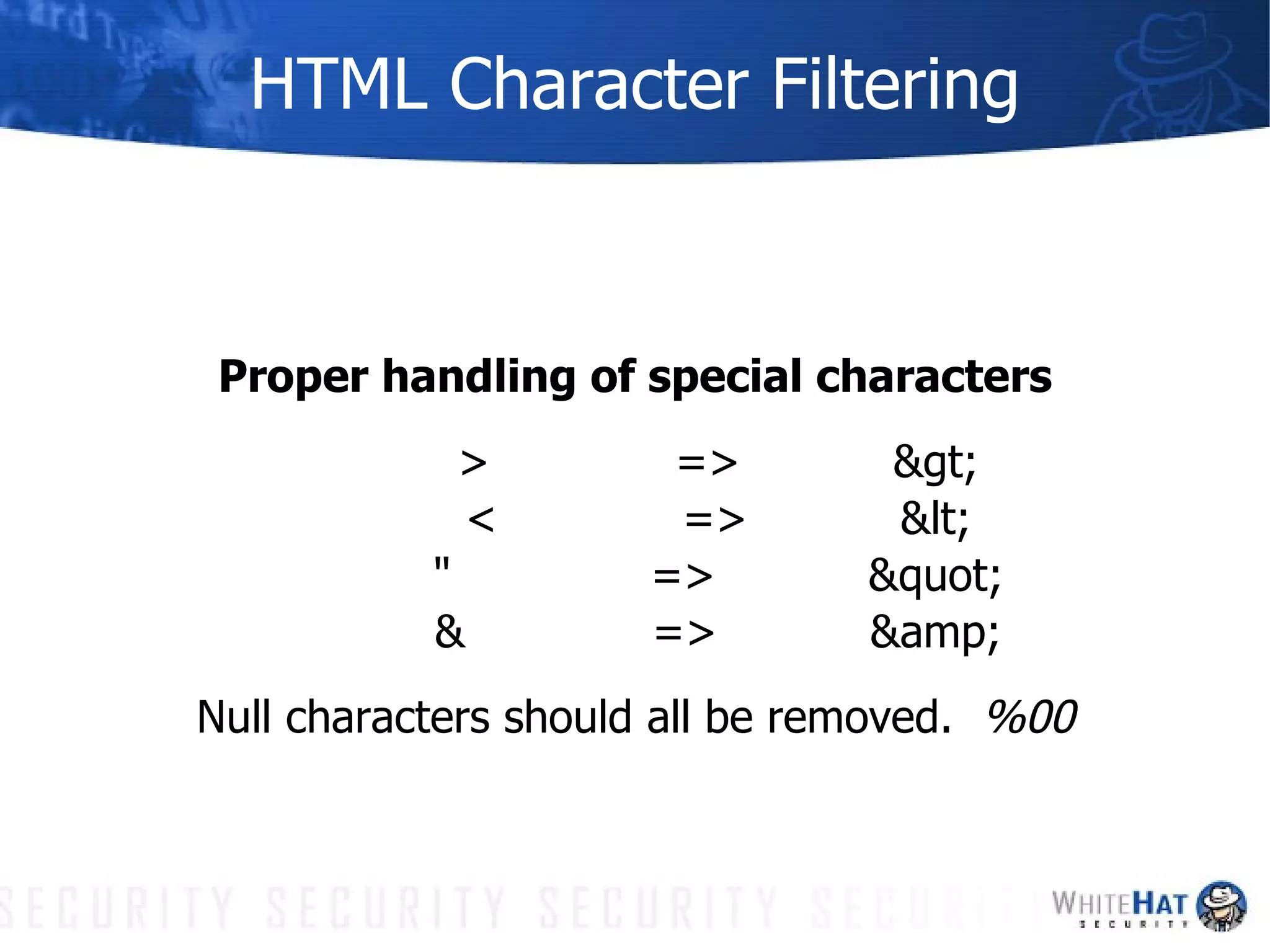 HTML Character Filtering Proper handling of special characters >  => > <  => < " => " &  => &amp; Null characters should all be removed.  %00 