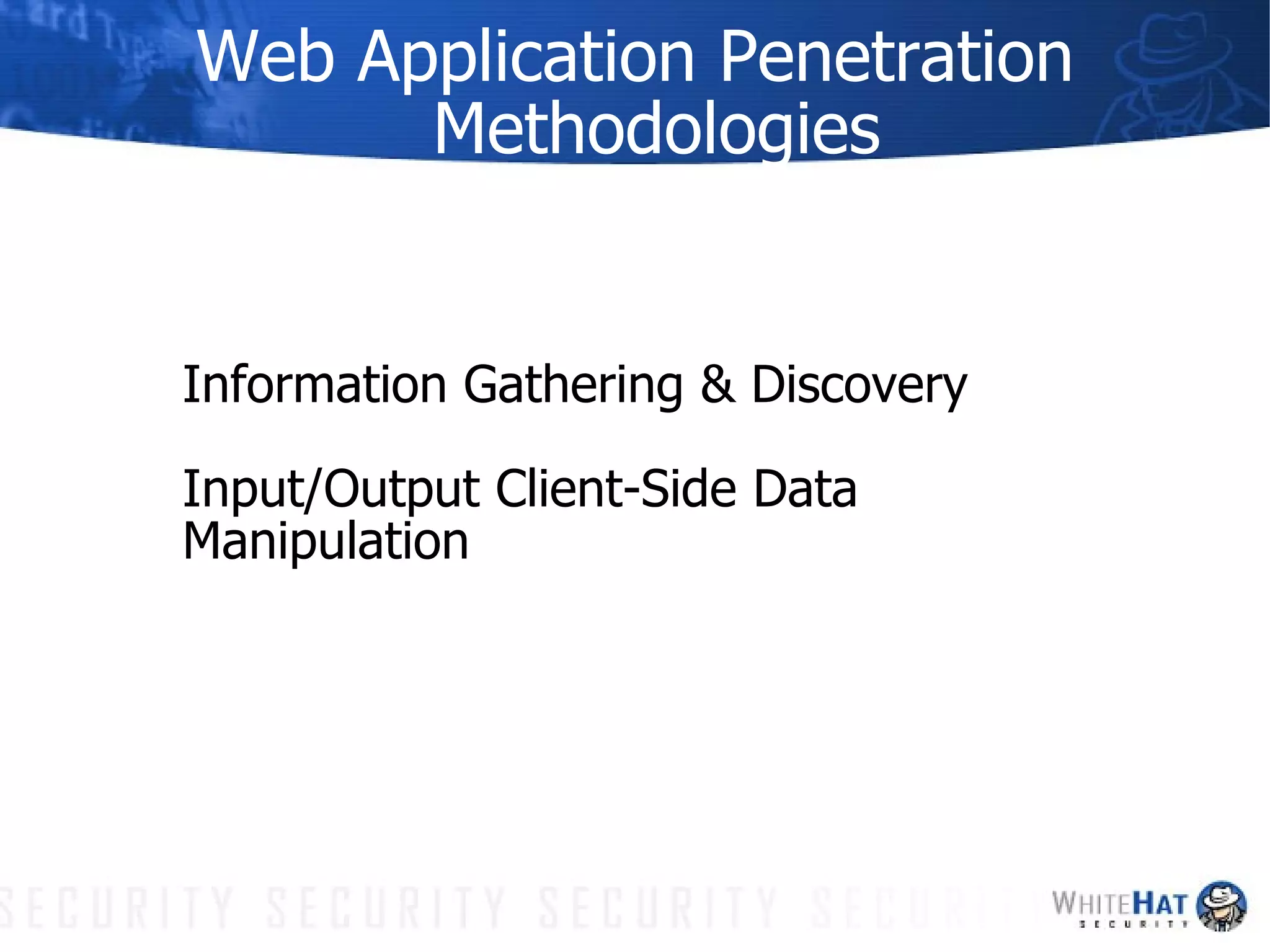 Web Application Penetration Methodologies Information Gathering & Discovery Input/Output Client-Side Data Manipulation 