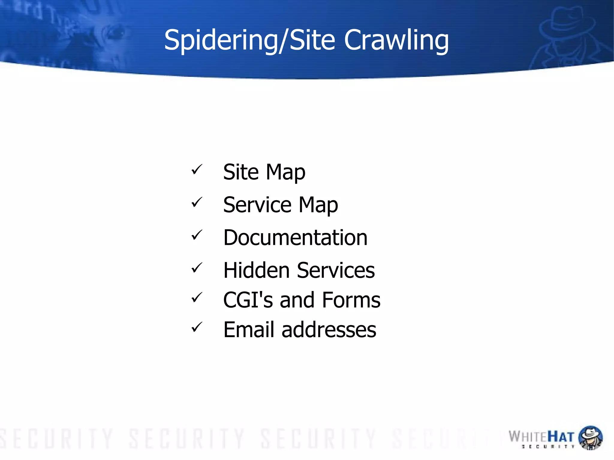 Spidering/Site Crawling Site Map Service Map  Documentation Hidden Services CGI's and Forms Email addresses 