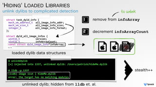 unlink dylibs to complicated detection
'HIDING' LOADED LIBRARIES
struct	
  task_dyld_info	
  {	
  
	
   mach_vm_address_t	...