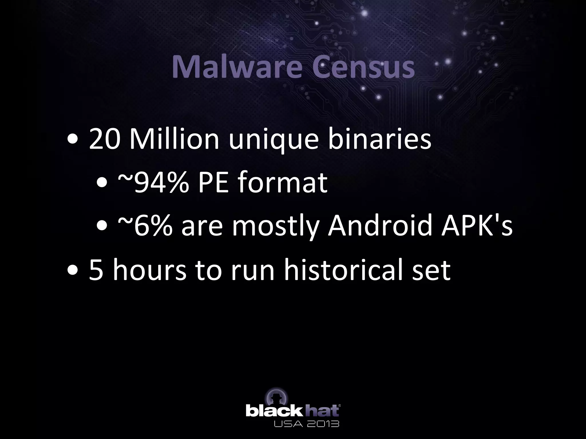 Malware	
  Census	
  
•  •	
  20	
  Million	
  unique	
  binaries	
  
o  •	
  ~94%	
  PE	
  format	
  
o  •	
  ~6%	
  are	
  mostly	
  Android	
  APK's	
  
•  •	
  5	
  hours	
  to	
  run	
  historical	
  set	
  
 
