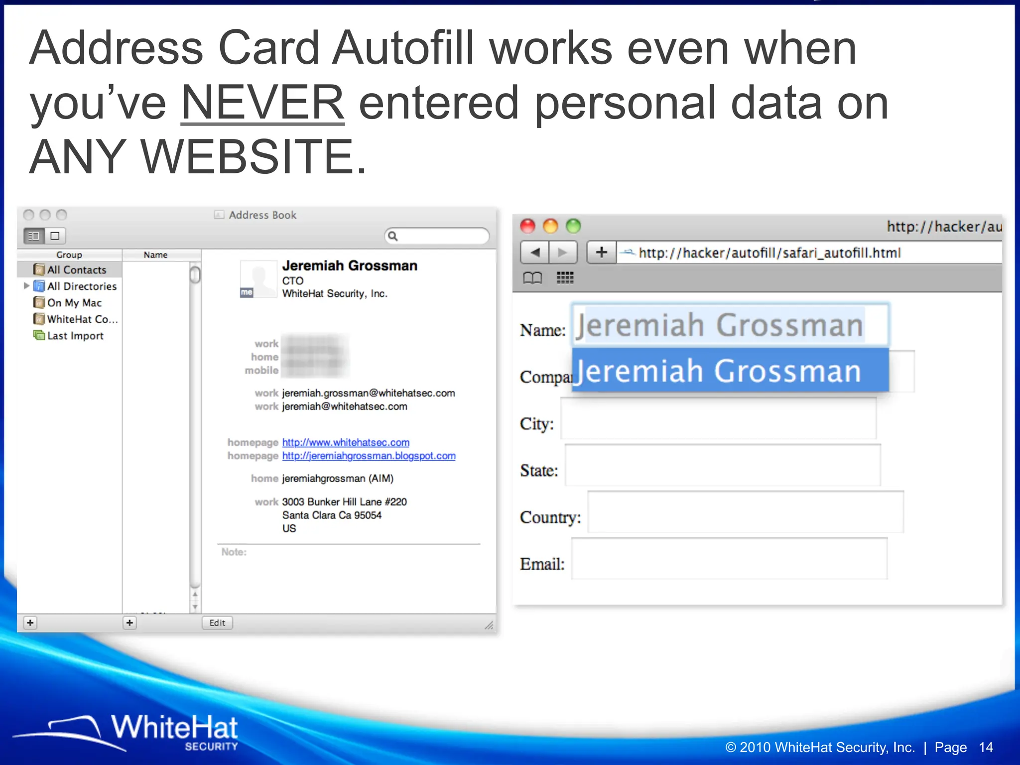 Address Card Autofill works even when
you’ve NEVER entered personal data on
ANY WEBSITE.




                             © 2010 WhiteHat Security, Inc. | Page 14
 