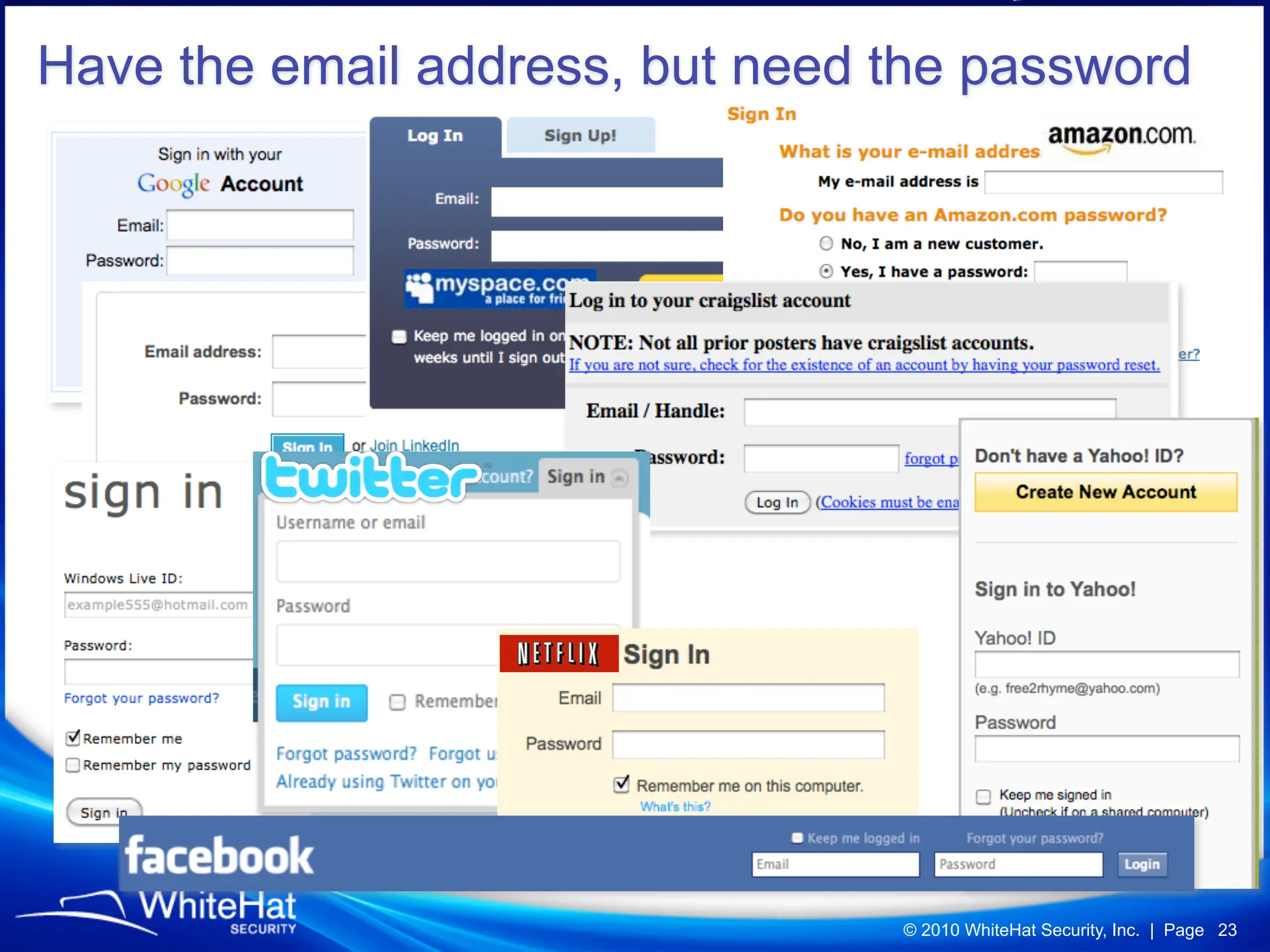 Have the email address, but need the password




                                 © 2010 WhiteHat Security, Inc. | Page 23
 
