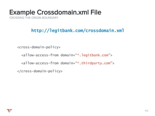 102102
CROSSING THE ORIGIN BOUNDARY
Example Crossdomain.xml File
http://legitbank.com/crossdomain.xml
<cross-domain-policy>
<allow-access-from domain=“*.legitbank.com”>
<allow-access-from domain=“*.thirdparty.com”>
</cross-domain-policy>
 