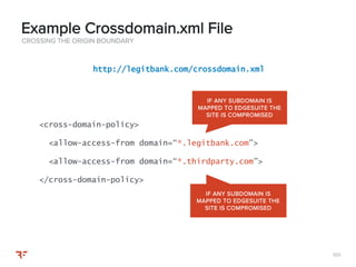 103103
CROSSING THE ORIGIN BOUNDARY
Example Crossdomain.xml File
http://legitbank.com/crossdomain.xml
<cross-domain-policy>
<allow-access-from domain=“*.legitbank.com”>
<allow-access-from domain=“*.thirdparty.com”>
</cross-domain-policy>
IF ANY SUBDOMAIN IS
MAPPED TO EDGESUITE THE
SITE IS COMPROMISED
IF ANY SUBDOMAIN IS
MAPPED TO EDGESUITE THE
SITE IS COMPROMISED
 