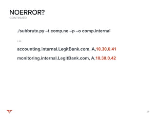 2828
CONTINUED
NOERROR?
./subbrute.py –t comp.ne –p –o comp.internal
…
accounting.internal.LegitBank.com, A,10.30.0.41
monitoring.internal.LegitBank.com, A,10.30.0.42
 