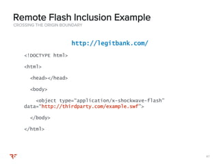 4747
CROSSING THE ORIGIN BOUNDARY
Remote Flash Inclusion Example
http://legitbank.com/
<!DOCTYPE html>
<html>
<head></head>
<body>
<object type=“application/x-shockwave-flash”
data=“http://thirdparty.com/example.swf”>
</body>
</html>
 
