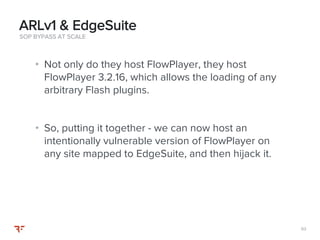 9393
• Not only do they host FlowPlayer, they host
FlowPlayer 3.2.16, which allows the loading of any
arbitrary Flash plugins.
• So, putting it together - we can now host an
intentionally vulnerable version of FlowPlayer on
any site mapped to EdgeSuite, and then hijack it.
SOP BYPASS AT SCALE
ARLv1 & EdgeSuite
 