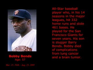 Bobby Bonds Age: 57 Mar. 15, 1946 – Aug. 23, 2003   All-Star baseball player who, in his 14 seasons in the major leagues, hit 332 home runs and stole 461 bases. He played for the San Francisco Giants for seven years. His son is slugger Barry Bonds. Bobby  died of complications from lung cancer and a brain tumor. 