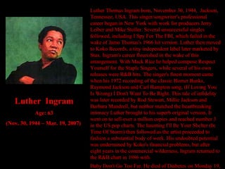 Luther Thomas Ingram born, November 30, 1944,  Jackson, Tennessee, USA. This singer/songwriter's professional career began in New York with work for producers Jerry Leiber and Mike Stoller. Several unsuccessful singles followed, including I Spy For The FBI, which failed in the wake of Jamo Thomas's 1966 hit version. Luther then moved to Koko Records, a tiny independent label later marketed by Stax. Ingram's career flourished in the wake of this arrangement. With Mack Rice he helped compose Respect Yourself for the Staple Singers, while several of his own releases were R&B hits. The singer's finest moment came when his 1972 recording of the classic Homer Banks, Raymond Jackson and Carl Hampton song, (If Loving You Is Wrong) I Don't Want To Be Right. This tale of infidelity was later recorded by Rod Stewart, Millie Jackson and Barbara Mandrell, but neither matched the heartbreaking intimacy Luther brought to his superb original version. It went on to sell over a million copies and reached number 3 in the US pop charts. The haunting I'll Be Your Shelter (In Time Of Storm) then followed as the artist proceeded to fashion a substantial body of work. His undoubted potential was undermined by Koko's financial problems, but after eight years in the commercial wilderness, Ingram returned to the R&B chart in 1986 with Baby Don't Go Too Far. He died of Diabetes   on Monday 19, march 2007.  Luther  Ingram Age: 63 (Nov. 30, 1944 – Mar. 19, 2007) 