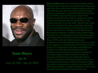 Isaac Lee Hayes, Jr.  was an American Academy Award-winning singer-songwriter, actor and musician. Hayes was one of the main creative forces behind southern soul music label Stax Records, where he served as both an in-house songwriter and producer with partner David Porter during the mid-1960s. Hayes & Porter were named to the Songwriters Hall of Fame in 2005 in recognition of their string of successful hit songs for Sam & Dave, Carla Thomas and others In the late 1960s. Their hit song "Soul Man" by Sam & Dave has been recognized as one of the best or most influential songs of the past 50 years by the Grammy Hall of Fame, The Rock & Roll Hall of Fame, Rolling Stone Magazine, and RIAA Songs of the Century. Hayes became a recording artist, and recorded successful soul albums such as  Hot Buttered Soul  (1969) and  Black Moses  (1971) as the Stax label's premier artist. In addition to his work in popular music, Hayes was a film score composer for motion pictures. His best known work, for the 1971 blaxploitation film  Shaft , earned Hayes an Academy Award for Best Original Song (the first Academy Award received by an African-American in a non-acting category) and two Grammy Awards. He received a third Grammy for the album  Black Moses . In 1992, in recognition of his humanitarian work, he was crowned an honorary king of Ghana's Ada district. Hayes also acted in motion pictures and television; from 1997 to 2006, he provided the voice for the character "Chef" on the Comedy Central animated TV series  South Park . Isaac Hayes Age: 66 (Aug. 20, 1942 – Aug. 10, 2008) 