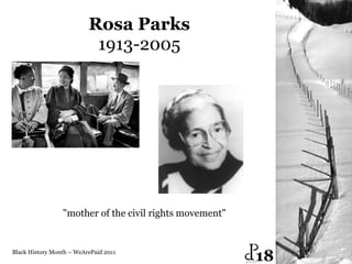 Rosa Parks 1913-2005 Black History Month – WeArePaid 2011 "mother of the civil rights movement"   18 