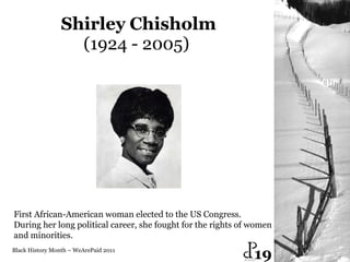 Shirley   Chisholm (1924 - 2005)  Black History Month – WeArePaid 2011 First African-American woman elected to the US Congress.  During her long political career, she fought for the rights of women  and minorities.  19 