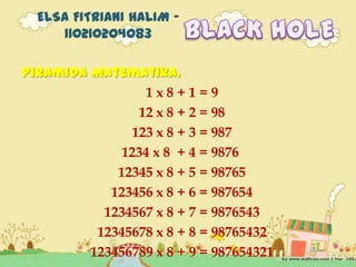 ELSA FITRIANI HALIM -
110210204083
Piramida Matematika.
1 x 8 + 1 = 9
12 x 8 + 2 = 98
123 x 8 + 3 = 987
1234 x 8 + 4 = 9876
12345 x 8 + 5 = 98765
123456 x 8 + 6 = 987654
1234567 x 8 + 7 = 9876543
12345678 x 8 + 8 = 98765432
123456789 x 8 + 9 = 987654321
 