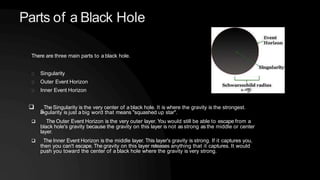 Parts of a Black Hole
There are three main parts to a black hole.
Singularity
Outer Event Horizon
Inner Event Horizon

S
The Singularity is the very center of a black hole. It is where the gravity is the strongest.
ingularity is just a big word that means "squashed up star".
 The Outer Event Horizon is the very outer layer. You would still be able to escape from a
black hole's gravity because the gravity on this layer is not as strong as the middle or center
layer.
 The Inner Event Horizon is the middle layer. This layer's gravity is strong. If it captures you,
then you can't escape. The gravity on this layer releases anything that it captures. It would
push you toward the center of a black hole where the gravity is very strong.
 