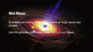 Mid-Mass:
Scientists are finding these in the centers of large, dense star
clusters.
Like this globular star cluster, called M15, in our Galaxy.
 