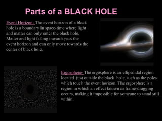 Parts of a BLACK HOLE
Event Horizon- The event horizon of a black
hole is a boundary in space-time where light
and matter can only enter the black hole.
Matter and light falling inwards pass the
event horizon and can only move towards the
center of black hole.
Ergosphere- The ergosphere is an ellipsoidal region
located just outside the black hole, such as the poles
which touch the event horizon. The ergosphere is a
region in which an effect known as frame-dragging
occurs, making it impossible for someone to stand still
within.
 