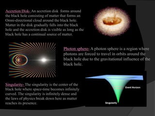 Accretion Disk- An accretion disk forms around
the black hole consisting of matter that forms an
Omni-directional cloud around the black hole.
Matter in the disk gradually falls into the black
hole and the accretion disk is visible as long as the
black hole has a continual source of matter.
Photon sphere- A photon sphere is a region where
photons are forced to travel in orbits around the
black hole due to the gravitational influence of the
black hole.
Singularity- The singularity is the center of the
black hole where space-time becomes infinitely
curved. The singularity is infinitely dense and
the laws of physics break down here as matter
reaches its presence.
 