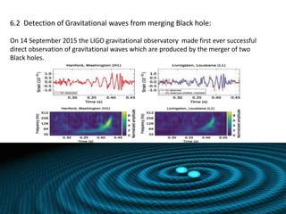 6.2 Detection of Gravitational waves from merging Black hole:
On 14 September 2015 the LIGO gravitational observatory made first ever successful
direct observation of gravitational waves which are produced by the merger of two
Black holes.
 