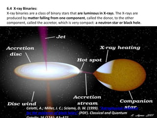 6.4 X-ray Binaries:
X-ray binaries are a class of binary stars that are luminous in X-rays. The X-rays are
produced by matter falling from one component, called the donor, to the other
component, called the accretor, which is very compact: a neutron star or black hole.
Celotti, A.; Miller, J. C.; Sciama, D. W. (1999). "Astrophysical evidence
for the existence of black holes" (PDF). Classical and Quantum
 