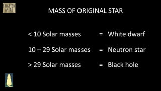 MASS OF ORIGINAL STAR
< 10 Solar masses = White dwarf
10 – 29 Solar masses = Neutron star
> 29 Solar masses = Black hole
 