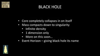 BLACK HOLE
• Core completely collapses in on itself
• Mass compacts down to singularity
• Infinite density
• 1 dimension only
• More on this soon…
• Event Horizon – giving black hole its name
 