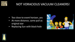 • Too close to event horizon, yes
• At more distance, same pull as
original star
• Replacing Sun with black hole
NOT VORACIOUS VACUUM CLEANERS!
 