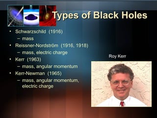 TTyyppeess ooff BBllaacckk HHoolleess 
• Schwarzschild (1916) 
– mass 
• Reissner-Nordström (1916, 1918) 
– mass, electric charge 
• Kerr (1963) 
– mass, angular momentum 
• Kerr-Newman (1965) 
– mass, angular momentum, 
electric charge 
Roy Kerr 
 