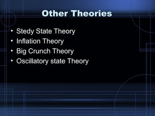 Other Theories 
• Stedy State Theory 
• Inflation Theory 
• Big Crunch Theory 
• Oscillatory state Theory 
 