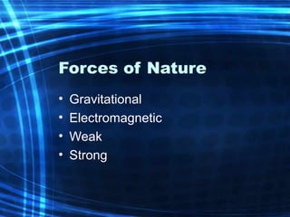Forces of Nature 
• Gravitational 
• Electromagnetic 
• Weak 
• Strong 
 